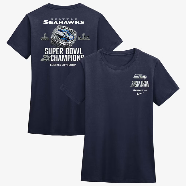 Women's Seattle Seahawks Navy Two-Time Super Bowl Champions Ring T-Shirt(Run Small)